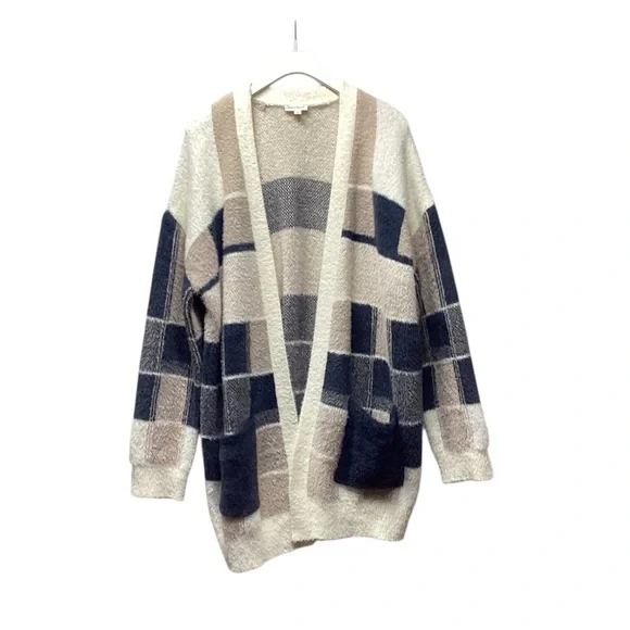 Hem & Thread Eyelash Cardigan Navy and tan plaid Checkered Motif Size Large - Picture 2 of 12